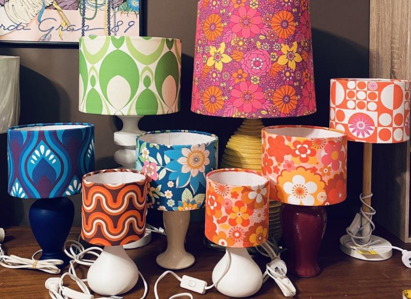 A range of lamps with colourful 70s fabric shades.