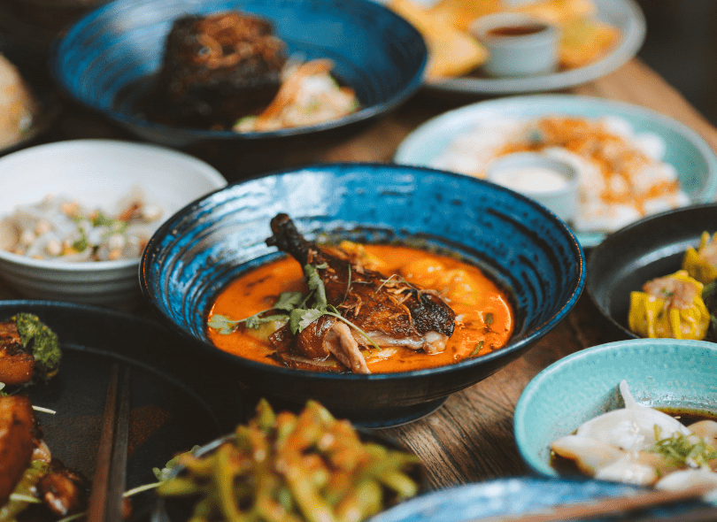 Table of beautiful, colourful dishes from Dragonfly in Wellington.